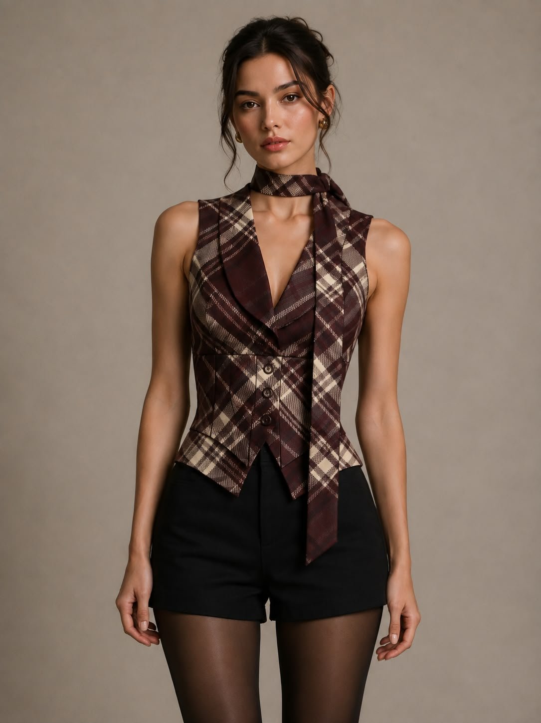 Burgundy plaid waistcoat with a long matching neck scarf, worn with black shorts