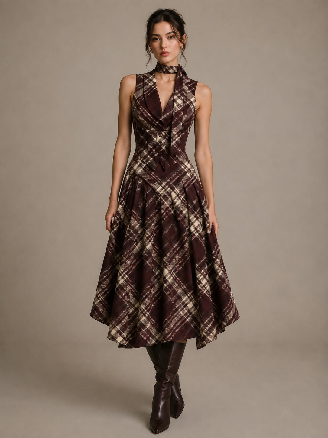 Burgundy plaid waistcoat dress with a matching neck scarf and tall boots