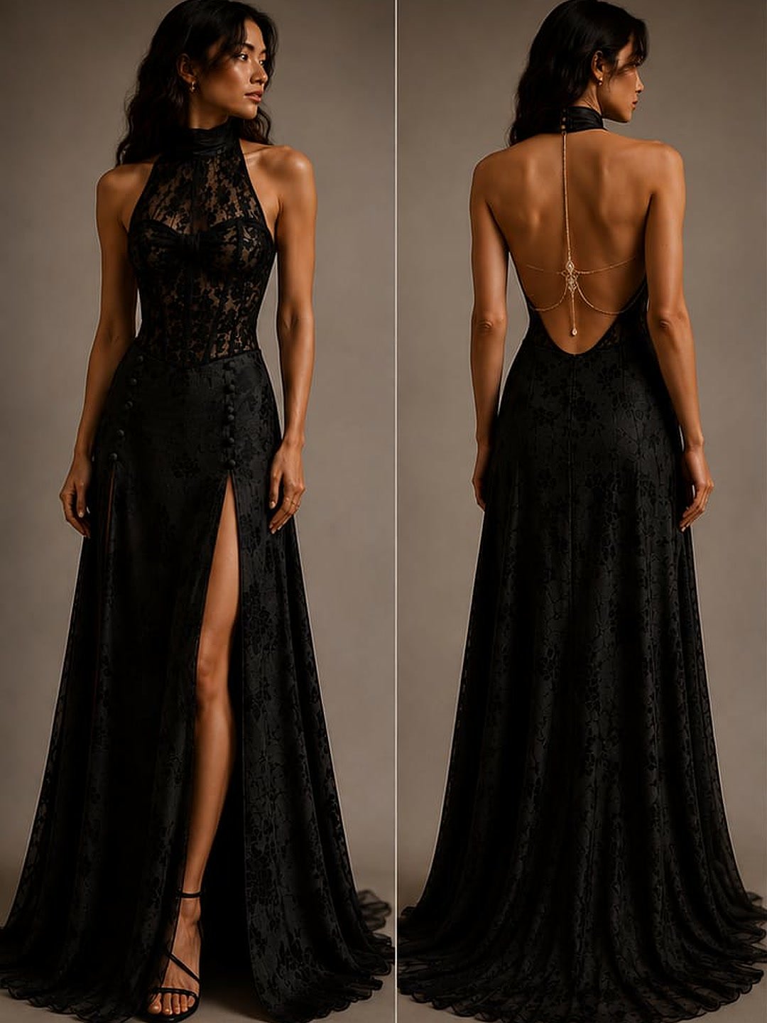 Lace halter gown, front and back