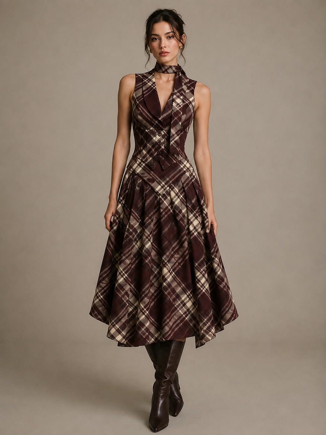 Plaid scarf vest worn with the matching midi skirt