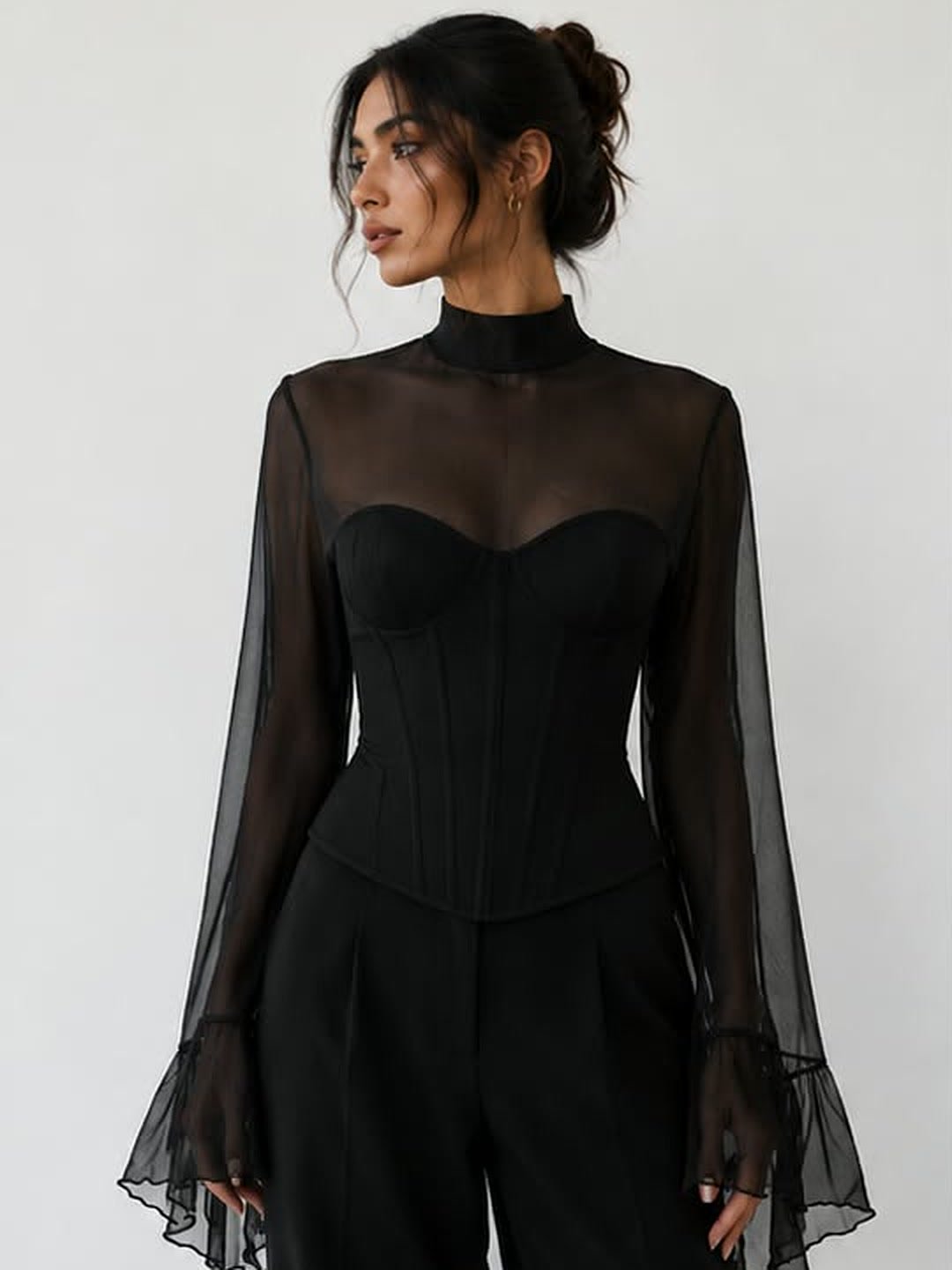 Sheer corset top with fluted sleeves
